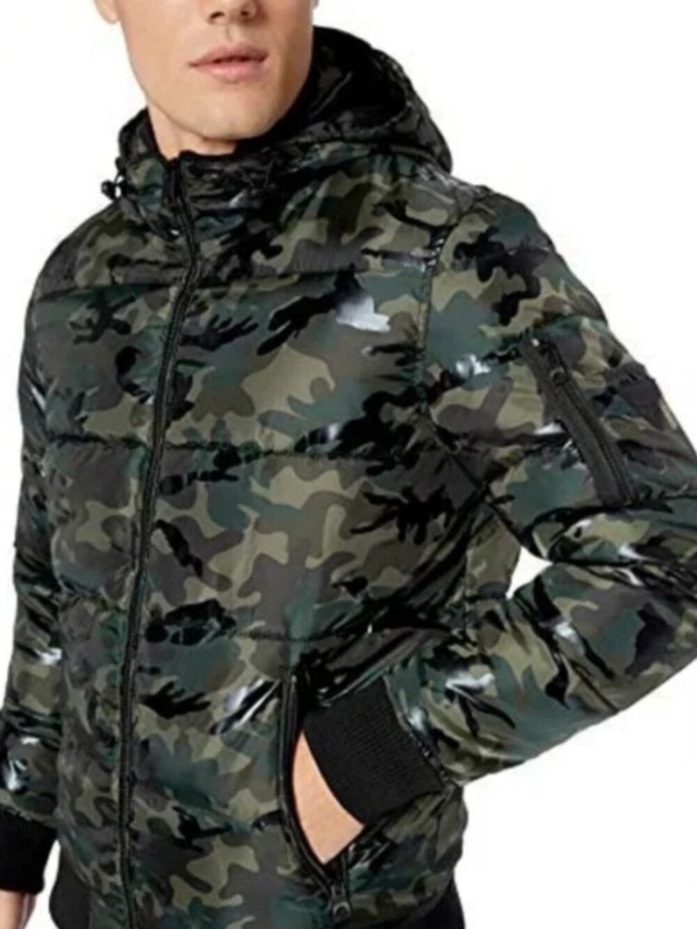 Men's GUESS Camo logo Puffer Coat Winter Hood Hoodie Sz Med